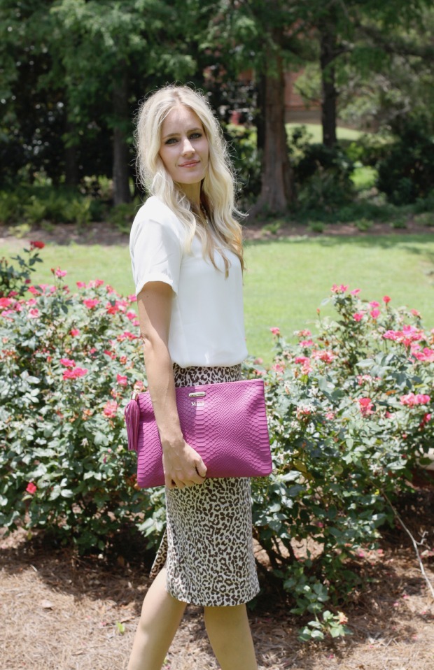 Dressed up in a leopard skirt and pink Gigi New York clutch on CaliCrest.com