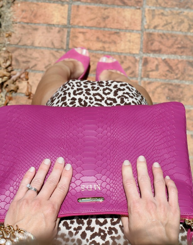 Wearing Essie Sand Tropez nail polish with mongoramed Pink Gigi New York Clutch on CaliCrest.com 